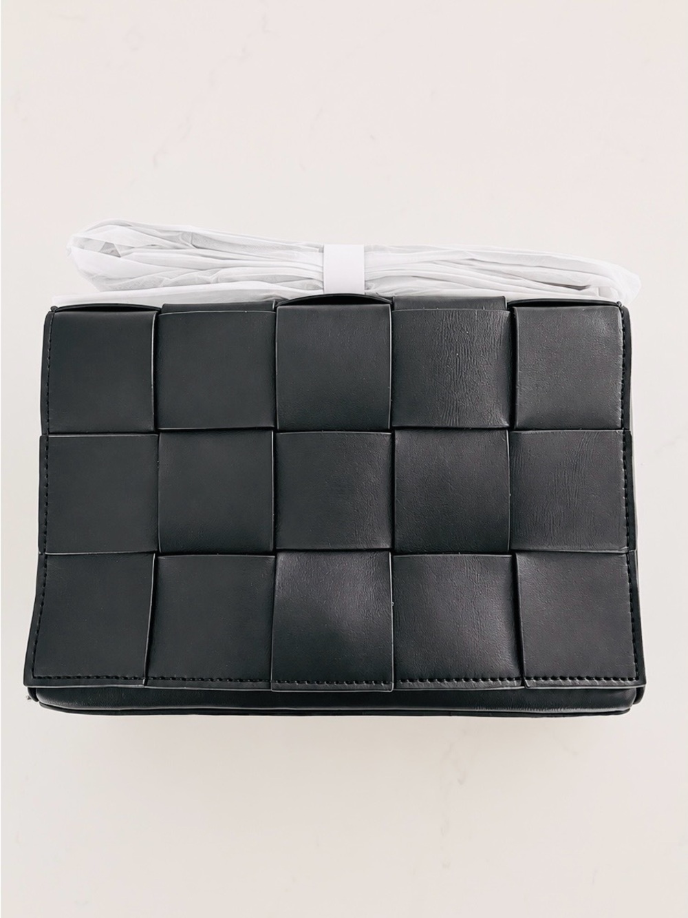 Black Woven Faux Leather Crossbody Bag | Magnetic Flap | Adjustable Strap